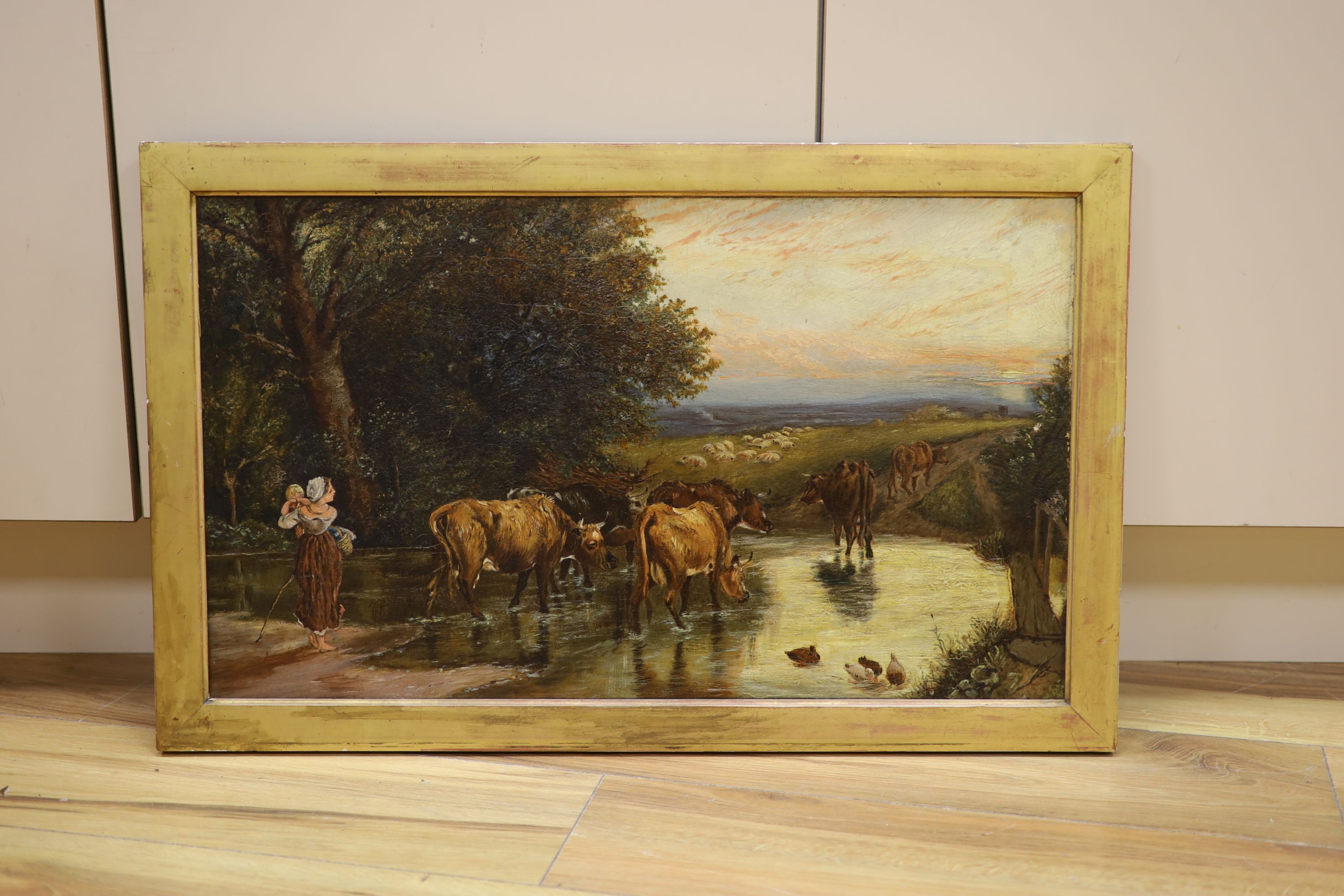 After Birket Foster, oil on canvas, Cattle crossing a stream, 35 x 61cm